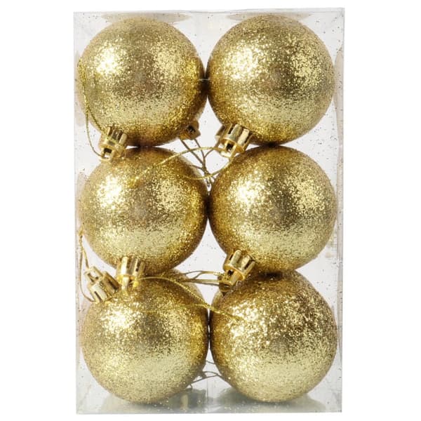 Set med 12 guldglitterjulkulor, 6 cm