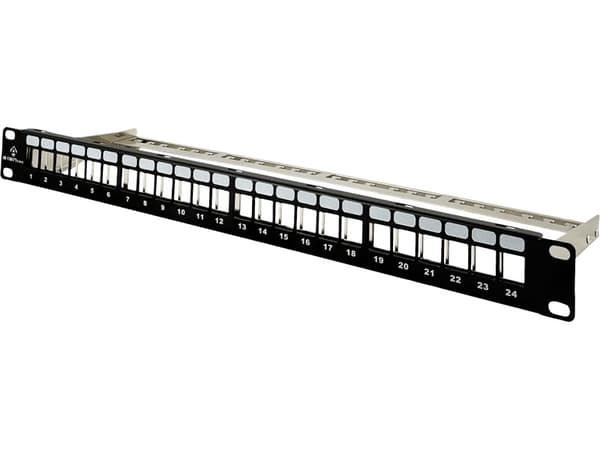 Patchpanel tomt 19" modulært 24 porte 1U med support, uudstyret Alante