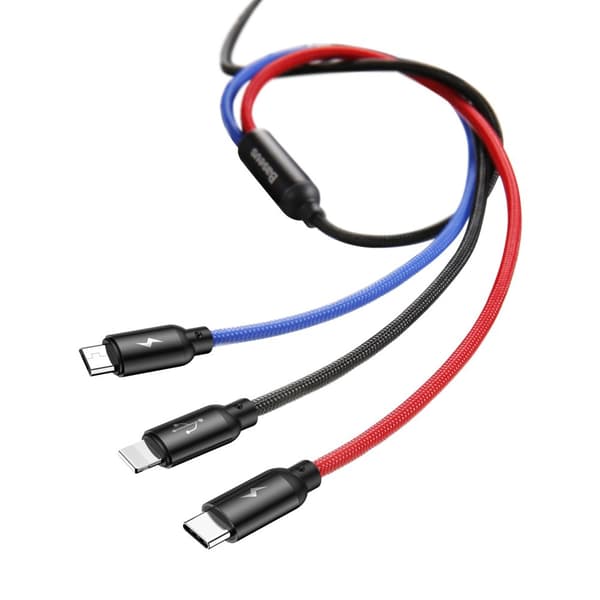 Holdbart 3-i-1 USB microUSB iPhone Lightning USB-C 3.5A 1.2M sort kabel
