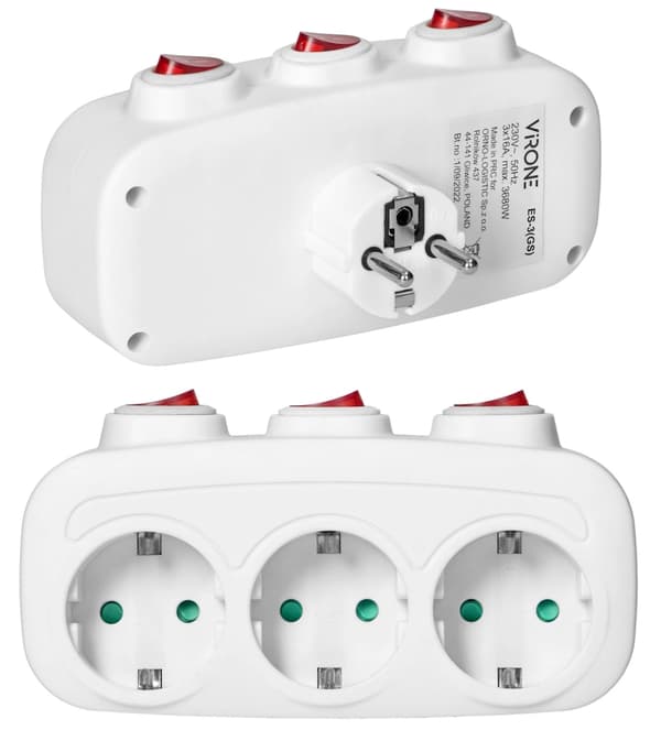 Sähköjakaja Kolmoispistorasia Schuko 3x Kytkimet