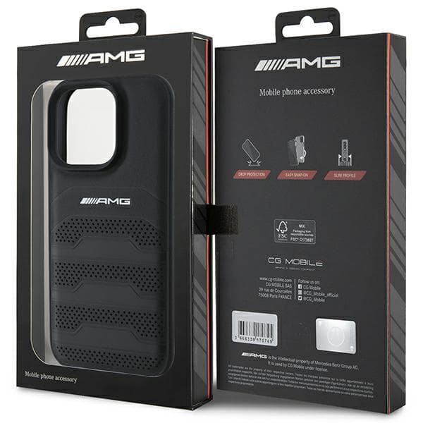 AMG lædercover med prægede linjer og sort logo til iPhone 16 Pro Max, sort