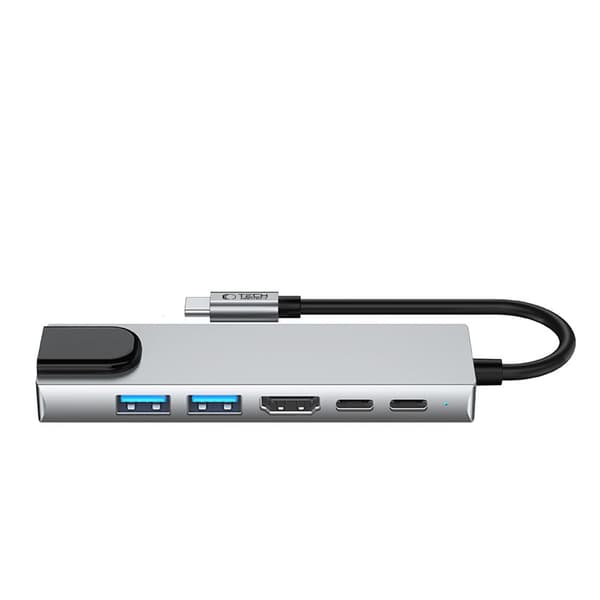 6in1 HUB-sovitin USB-C USB-A HDMI RJ45 4K 30Hz PD 100W - harmaa