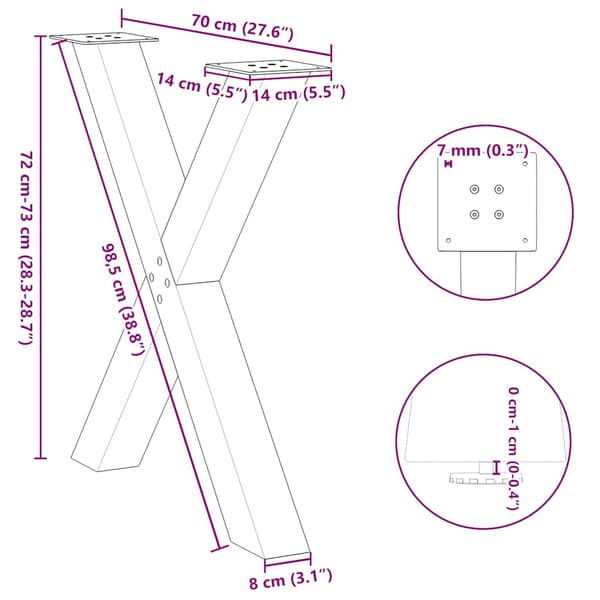 vidaXL spisebordsben, 3 stk., sort, 70x(72-73) cm, stål