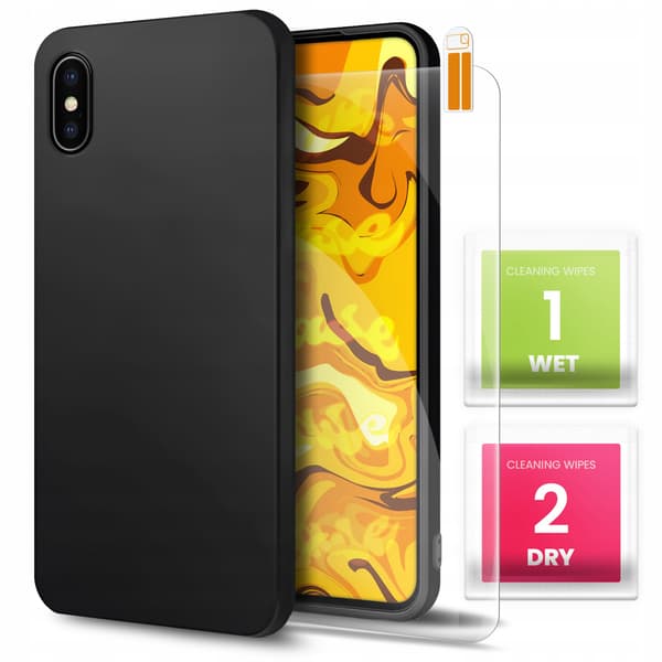 Etui til iPhone X/XS Sort, Mat, Tyndt Hus, Silikone + 9H GLAS