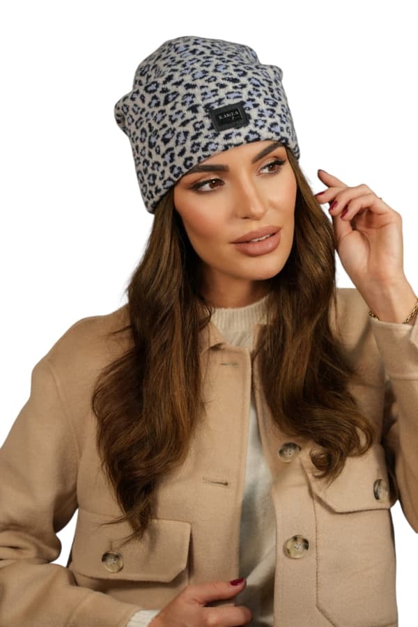 Dammössa i ull med leopardmönster och logotyp, ljusgrå Panji