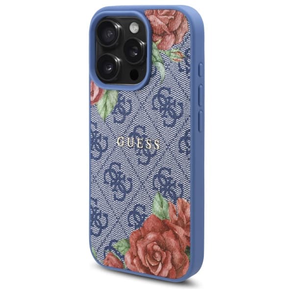 Guess 4G Flowers Print MagSafe-etui til iPhone 16 Pro Max, blå