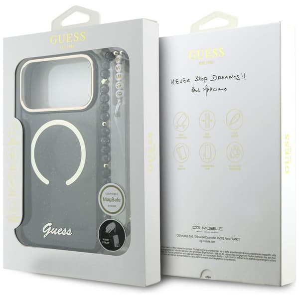 Guess IML Glitters Script Strap MagSafe-skal till iPhone 17 Pro Max Svart