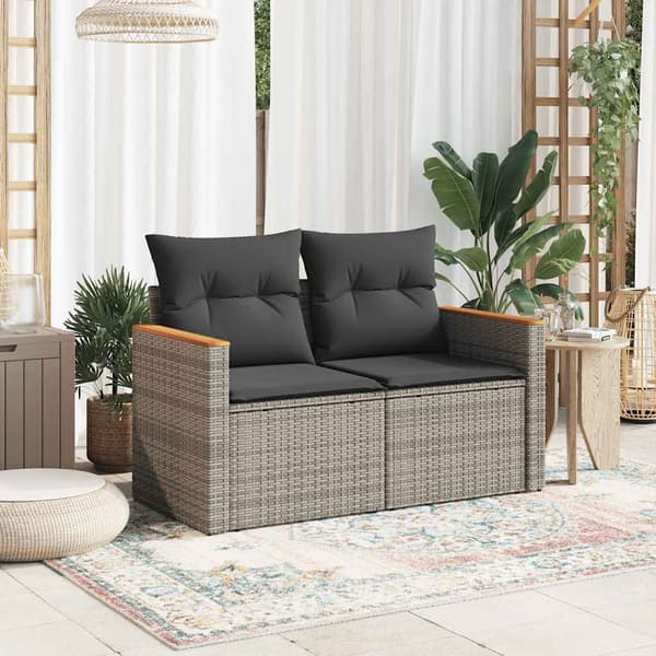 vidaXL Puutarhasohva tyynyillä, 2-istuttava, harmaa, polyrottinki