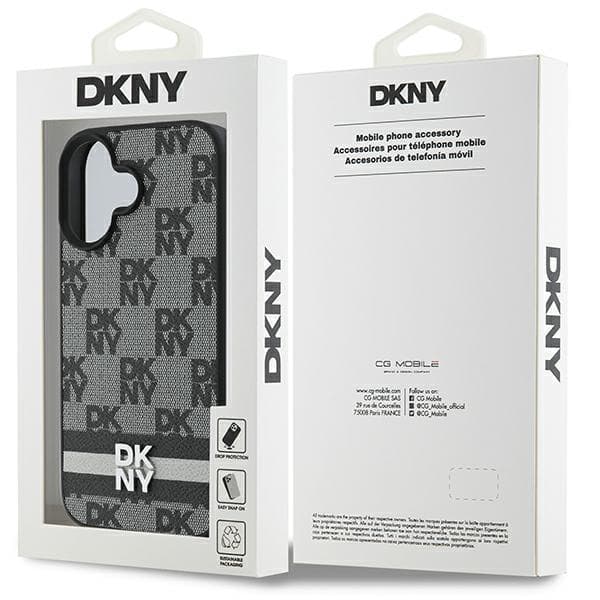 DKNY cover med ternet mønster og trykte striber til iPhone 16, sort