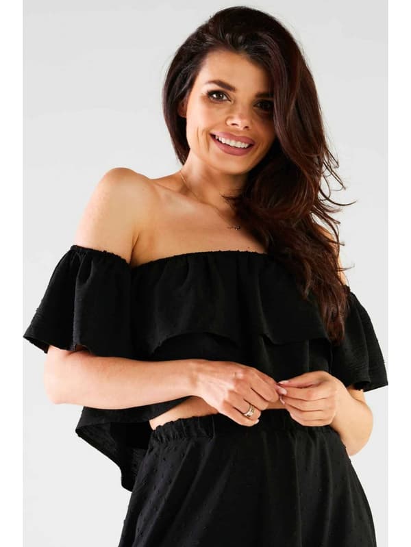 Sommer, luftig bluse, spansk stil, sort L/XL