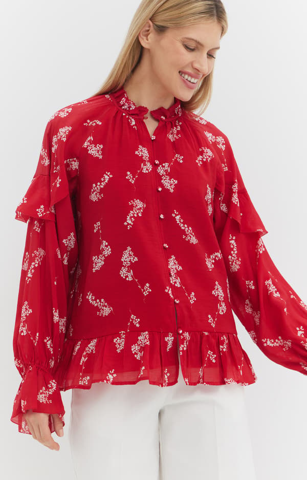 Blomsterbluse med flæser XS