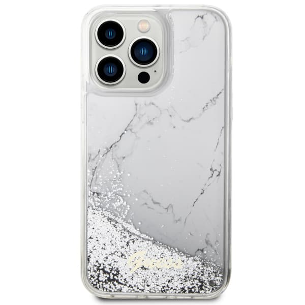 Guess Liquid Glitter Marble Cover til iPhone 14 Pro Max, Hvid