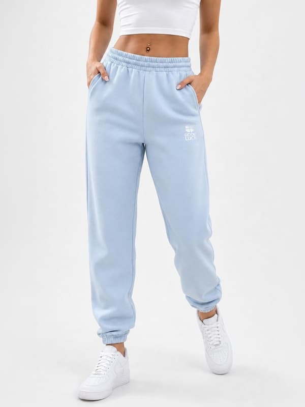 Lyseblå joggingbukser med GOOD LUCK-logo, L til damer