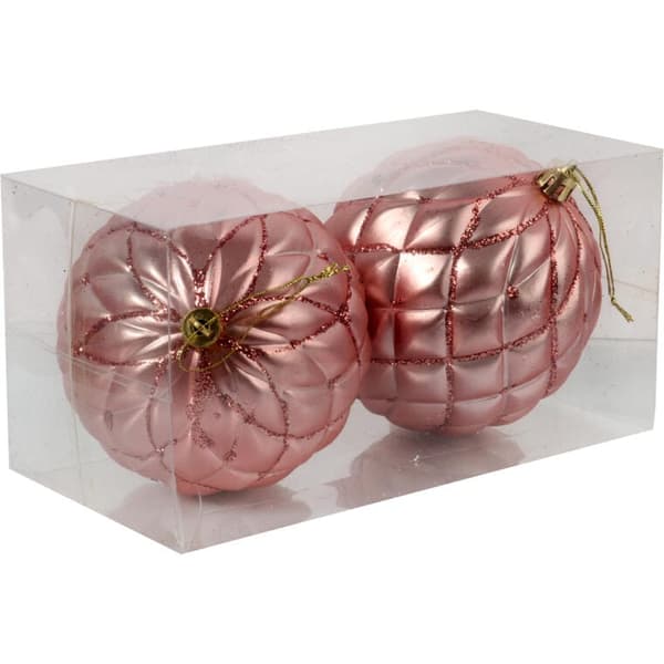 Sæt med 2 rosa julekugler 10 cm med glitterdekorering