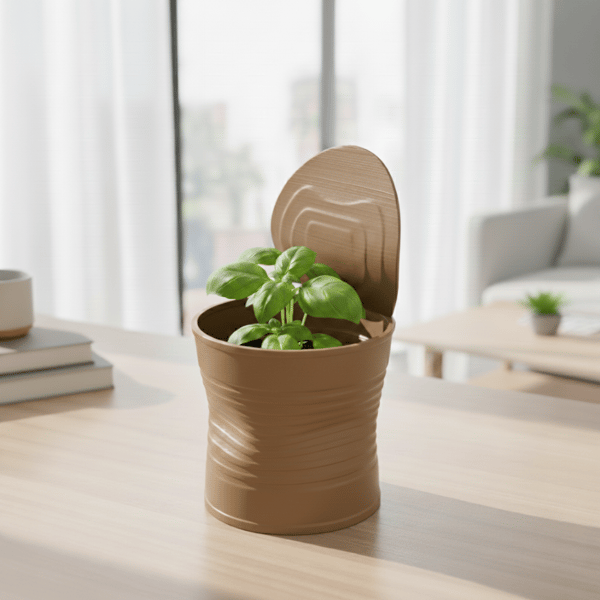 Brun urtepotte formet som en knust plantedåse, moderne design