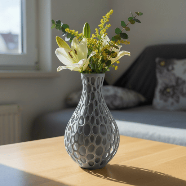 Dekorativ vase til blomster, gennembrudt, grå, moderne design