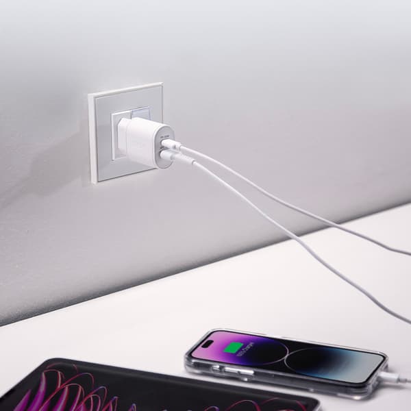 Strømforsyning USB-A USB-C 20W vægoplader - Hvid