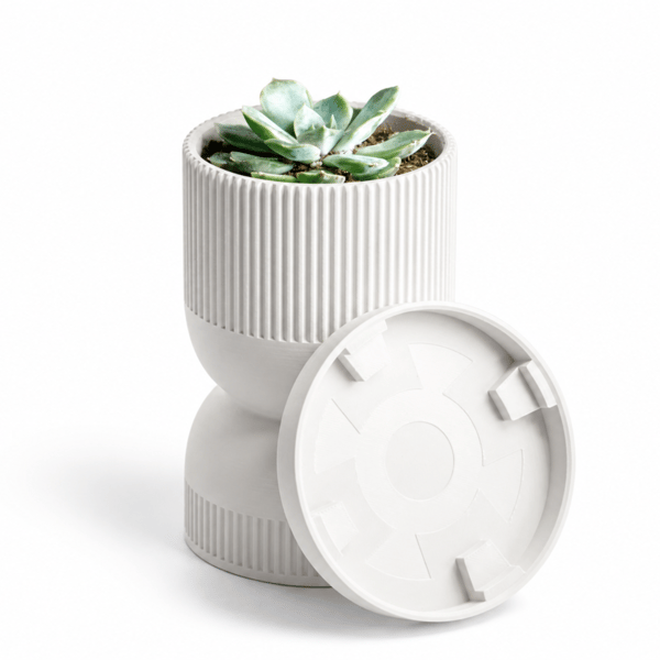 Hvid timeglasblomsterpotte med moderne underkop