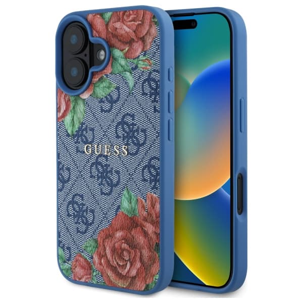 Guess 4G Flowers Print MagSafe-etui til iPhone 16, blå