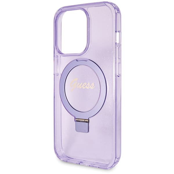 Guess Ring Stand Script Glitter MagSafe -kotelo iPhone 13 Pro Maxille, violetti