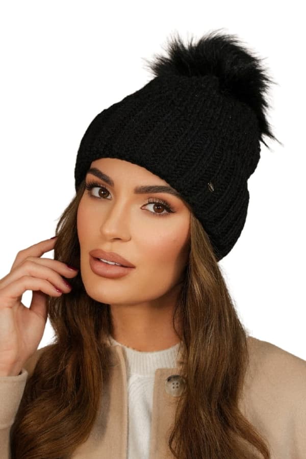 Kamea-Furja Dame Vinterhat Sort Med Eco Pompom