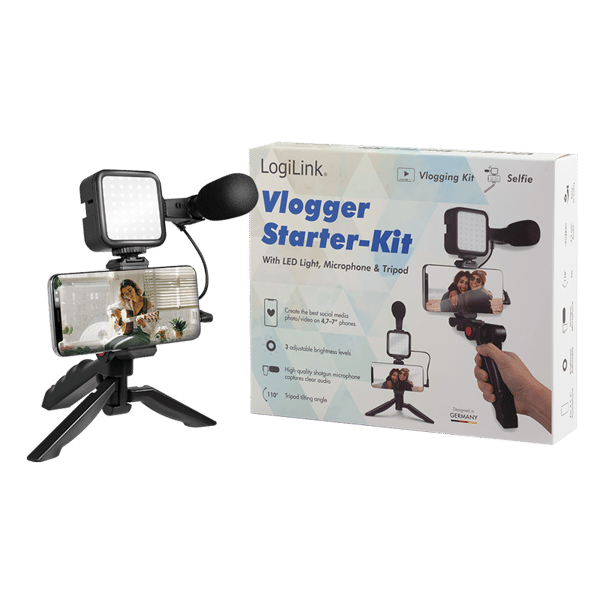 LogiLink Vlogger Kit: Stativ, mikrofon, LED-lys, til 4,7-7 smartphones