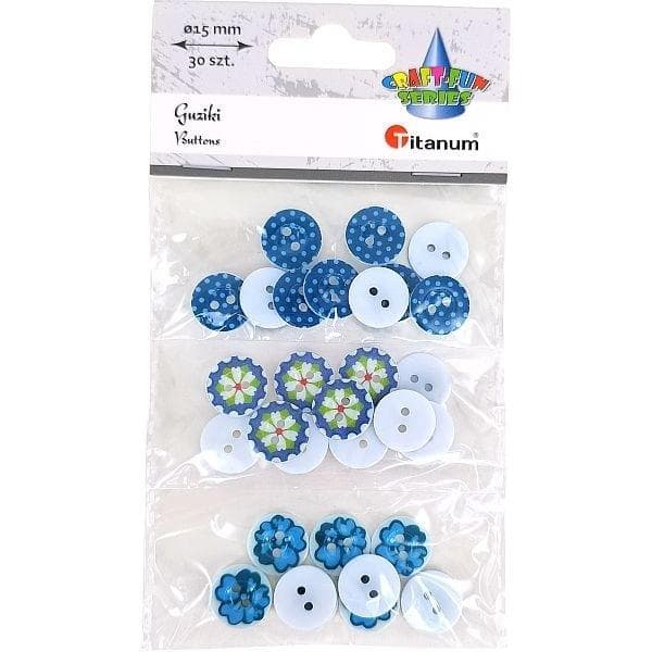 Runde plastikknapper 15 mm blå mix 30 stk.