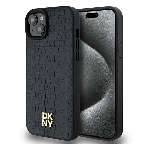 DKNY Lædermonogrammønster Metal Logo MagSafe-etui til iPhone 15 Plus, Sort
