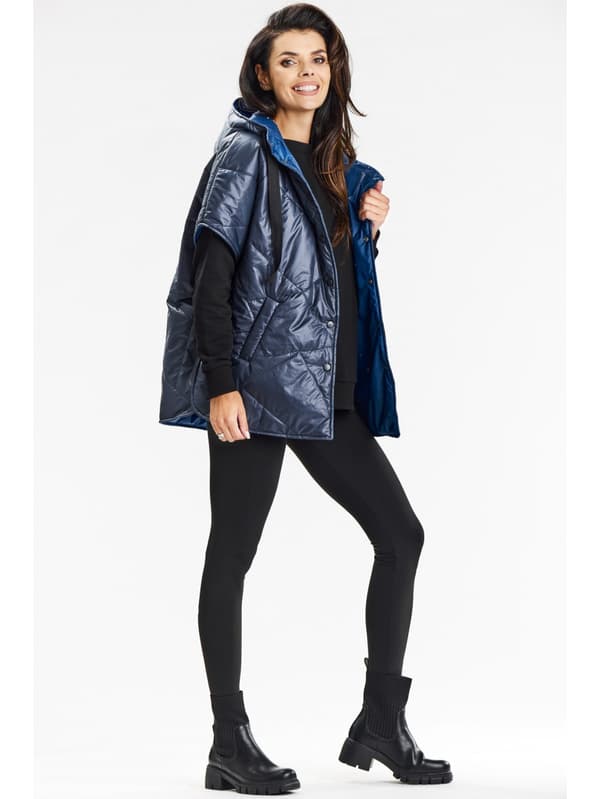 Kimono vest med hætte, trykknapper, marineblå S/M
