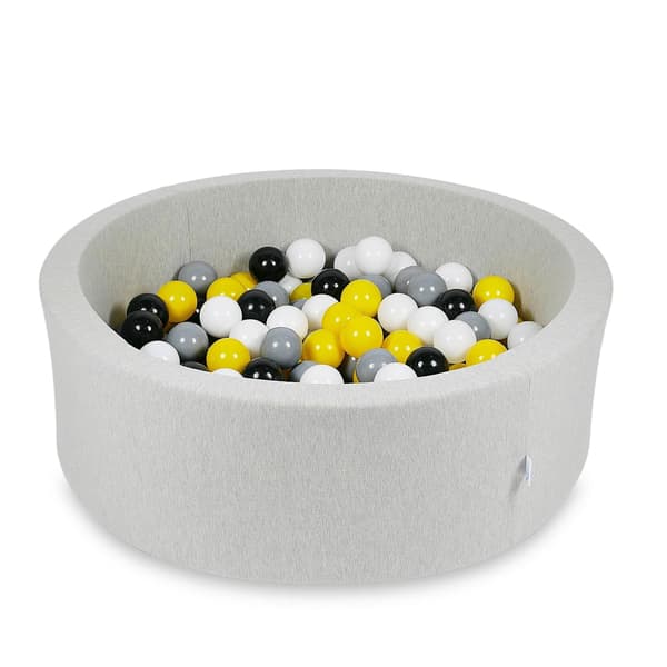 Tør pool 90x30cm lysegrå med 200 bolde: gul, hvid, grå, sort