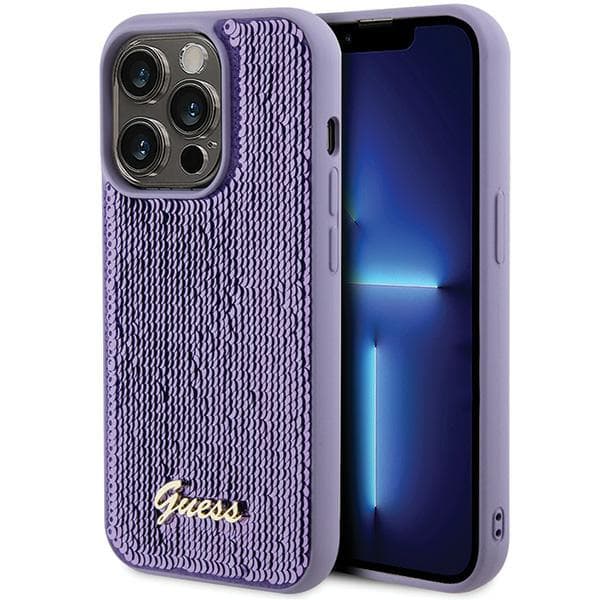 Guess Sequin Script -metallikuori iPhone 15 Prolle, violetti
