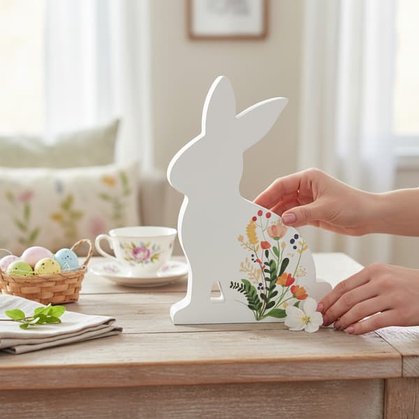 Påskekani i træ med dekoration 19 cm