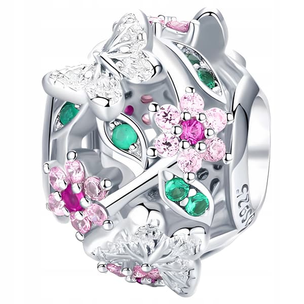 Vårblomsterberlocker i silver 925 silverpärlor, färgglada blommor