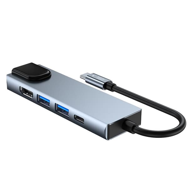 5-i-1 HUB USB-C til USB-C USB-A HDMI RJ45 Splitter - Grå