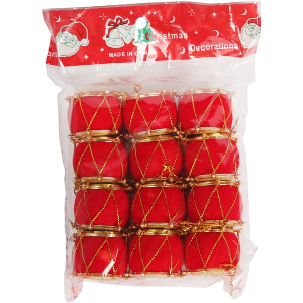Sæt med 12 julekugler FLOCKED DRUMS røde