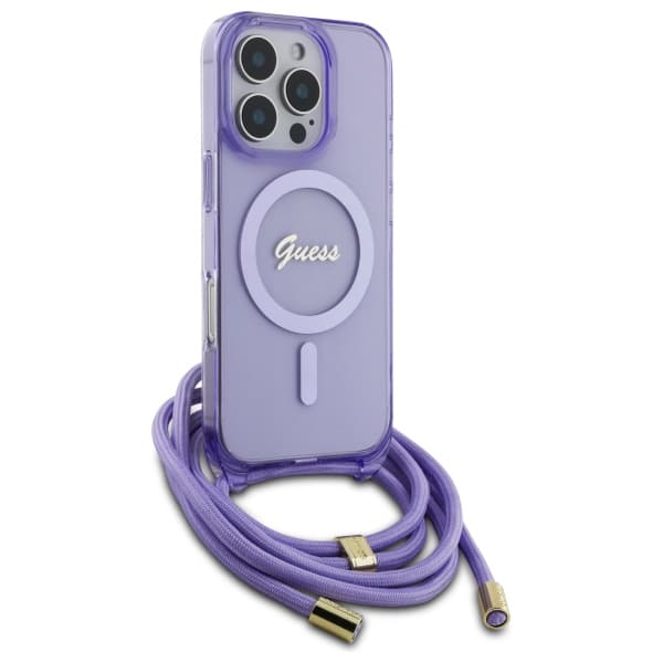 Guess Crossbody Cord Script MagSafe-etui til iPhone 16 Pro Max, lilla