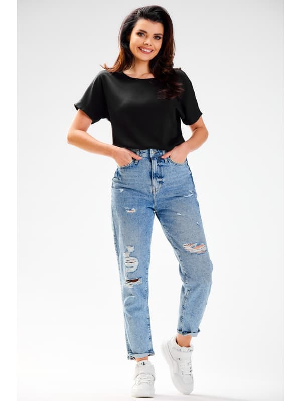 Kimono viskosebluse med korte ærmer, sort S