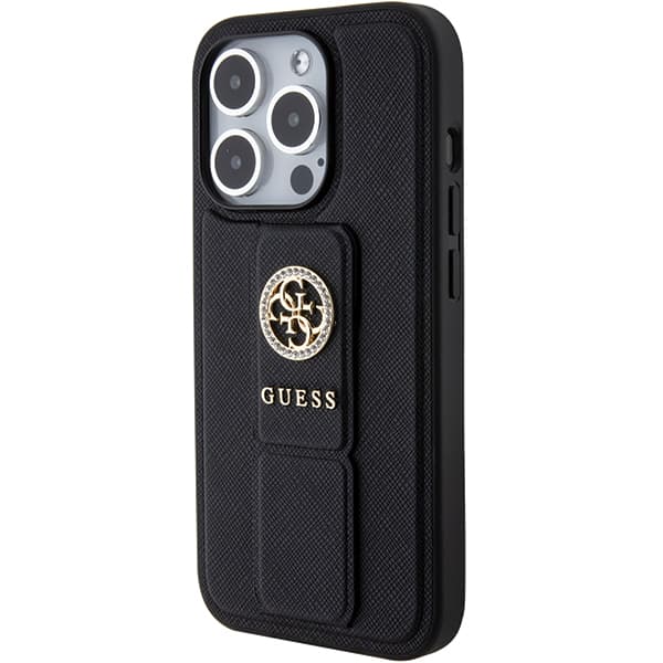 Guess Grip Stand 4G Saffiano Strass-etui til iPhone 15 Pro Max, sort