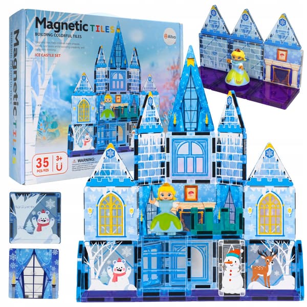 Set med magnetiska byggklossar 3D stora paneler vinterslott 35 st.