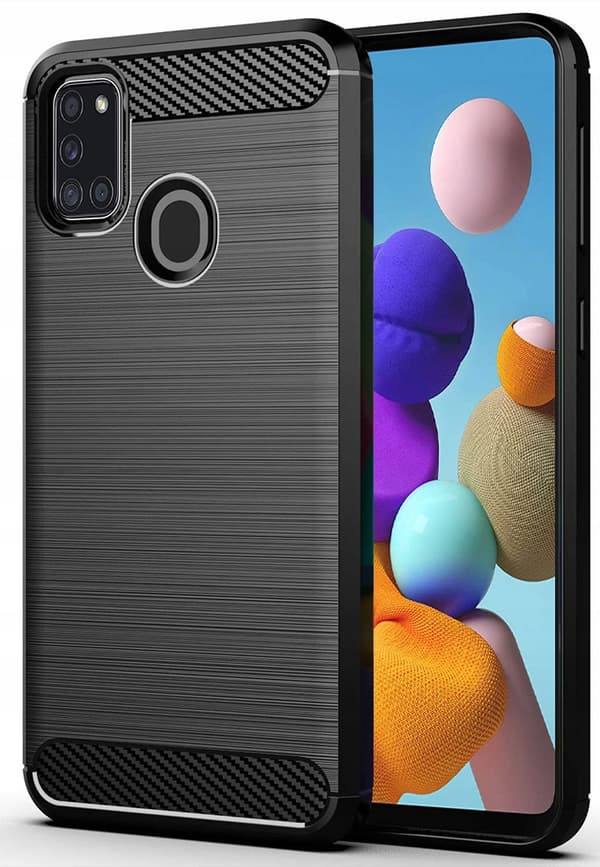 Etui til Samsung Galaxy A21S CARBON CASE BACKCOVER SORT + GLAS