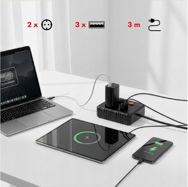 MCE388 B strømskinne. Forlængerledning 2 stikkontakter 3xUSB 3m