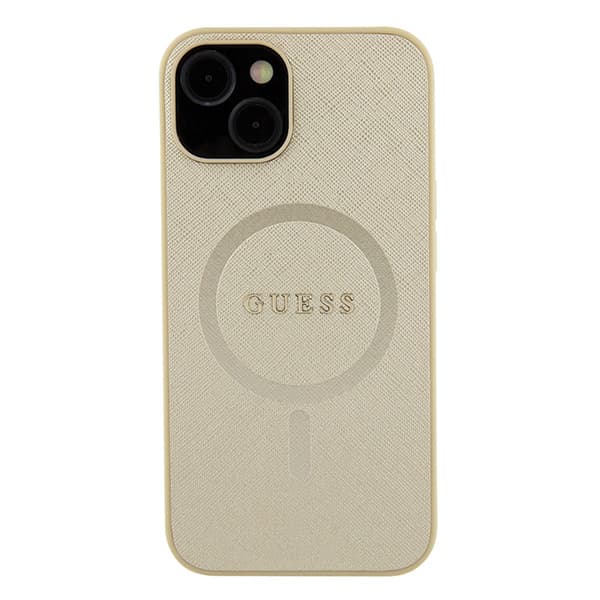 Guess Saffiano MagSafe-etui til iPhone 15 Plus, guld