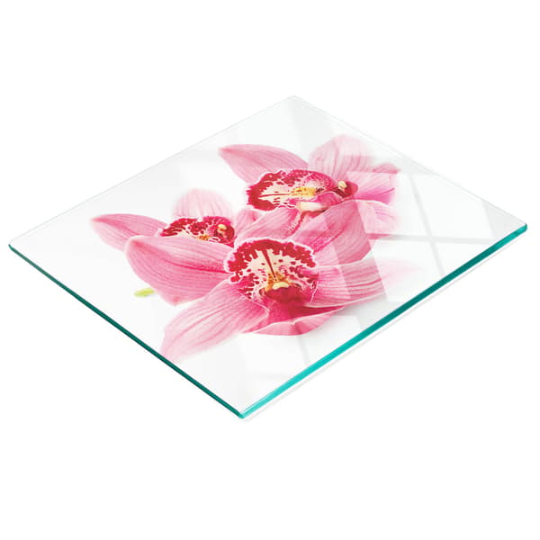 Glasköksbricka med rosa orkidégrafik 60x52 cm