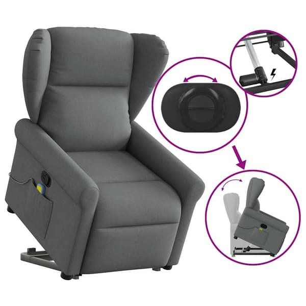 vidaXL Lyftbar massagefåtölj mörkgrå tyg