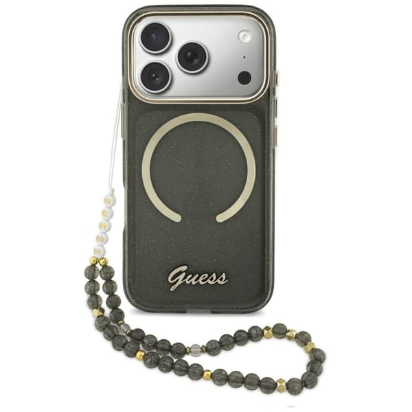 Guess IML Glitters Script Strap MagSafe -kotelo iPhone 17 Prolle, musta
