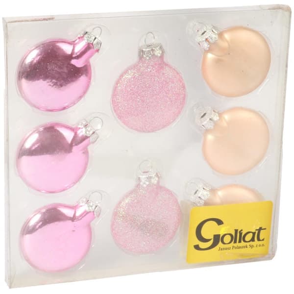 Set med 8 platta, rosa glaskulor