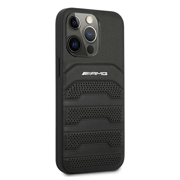 AMG lædercover med prægede linjer og sort logo til iPhone 13 Pro, sort