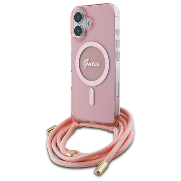 Guess Crossbody Cord Script MagSafe-etui til iPhone 16, lyserød