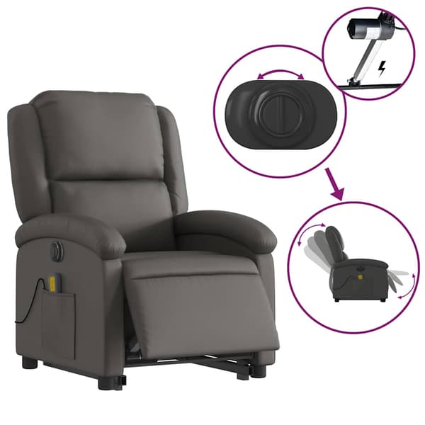 vidaXL Lyftbar massagefåtölj, grå, äkta läder