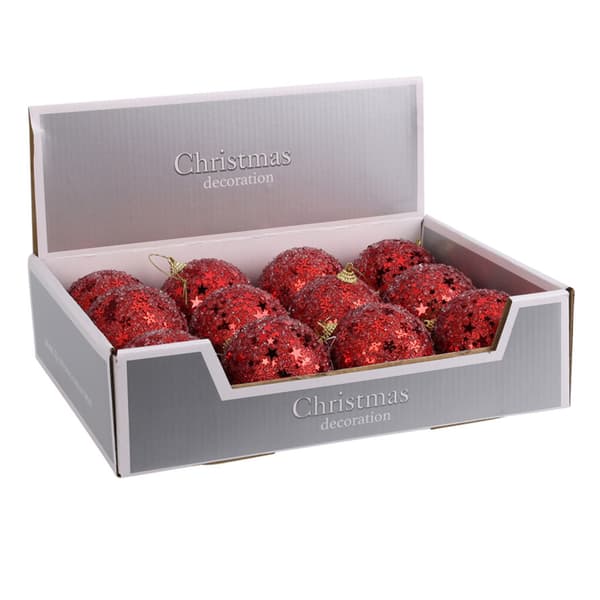 Röda glitterjulkulor 12
